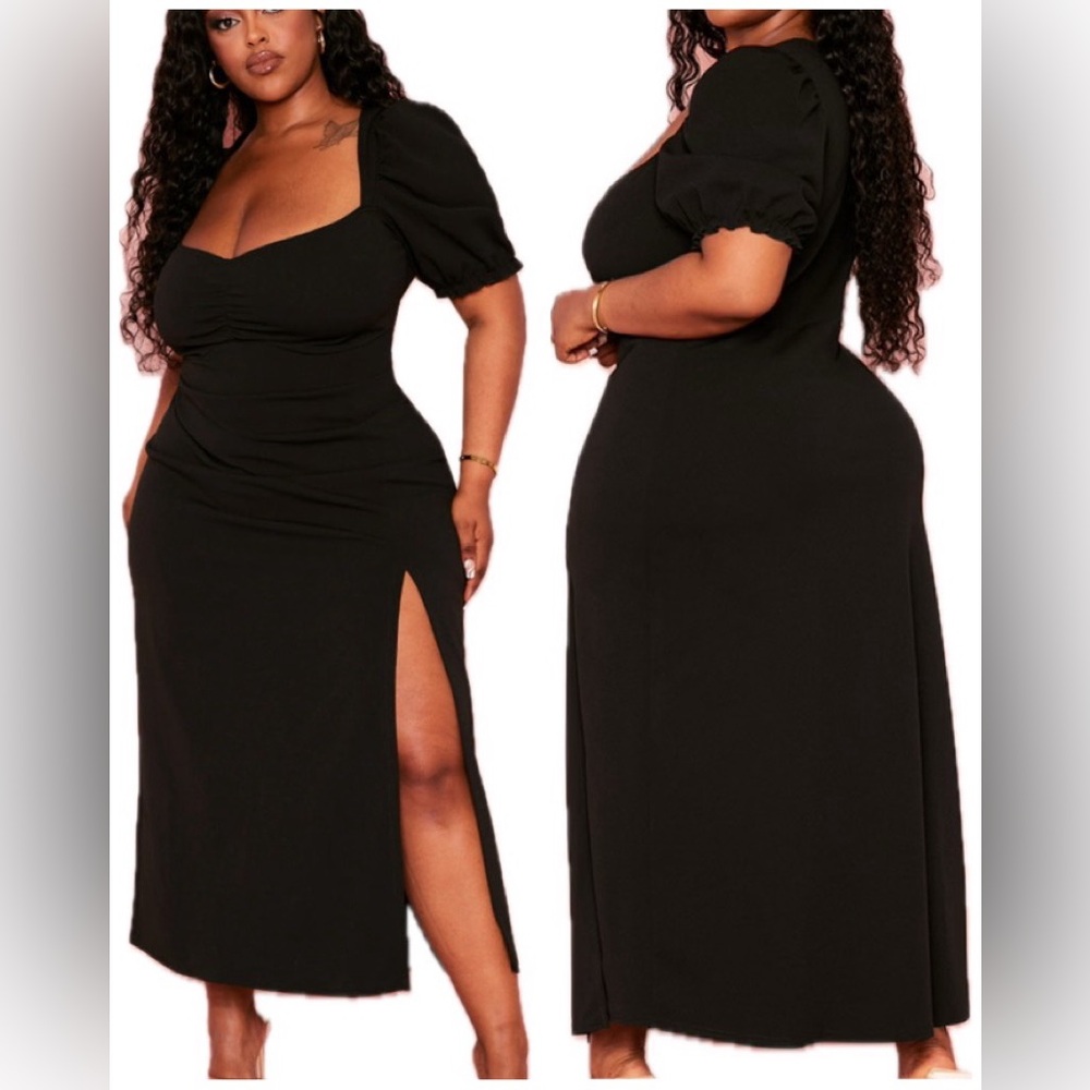 PrettyLittleThing Plus Black Puff Sleeve Midi Dress